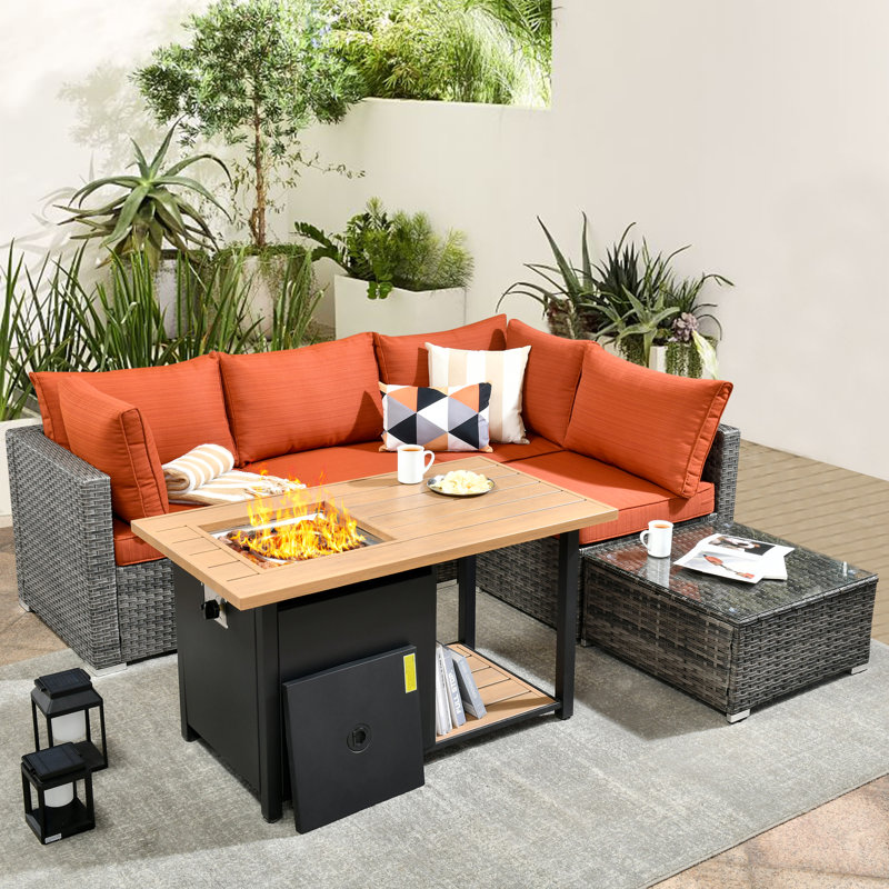 4 - Person Patio Furniture Set With Coffee Table, Outdoor Wicker Rattan Sectional Seating Group With Cushions, All Weather Sofa Conversation Set With Fire Pit Table For Garden Backyard