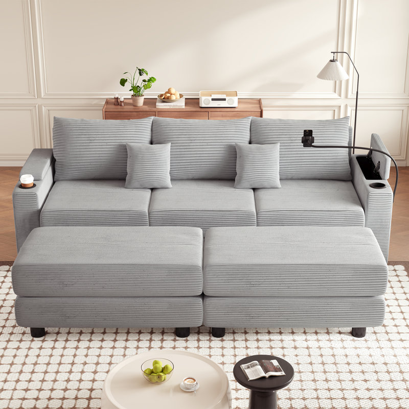 Canapé modulaire 4 pièces Demostene, Velours côtelé gris