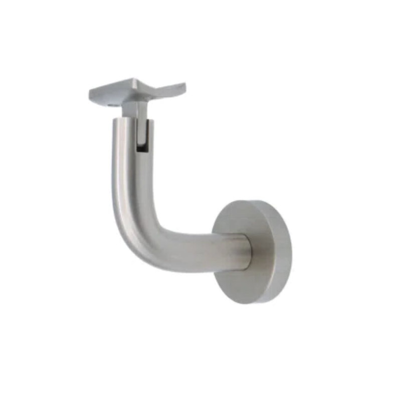 Surface Mount Handrail Bracket with Round Rose and Curved Plate, Satin Stainless Steel