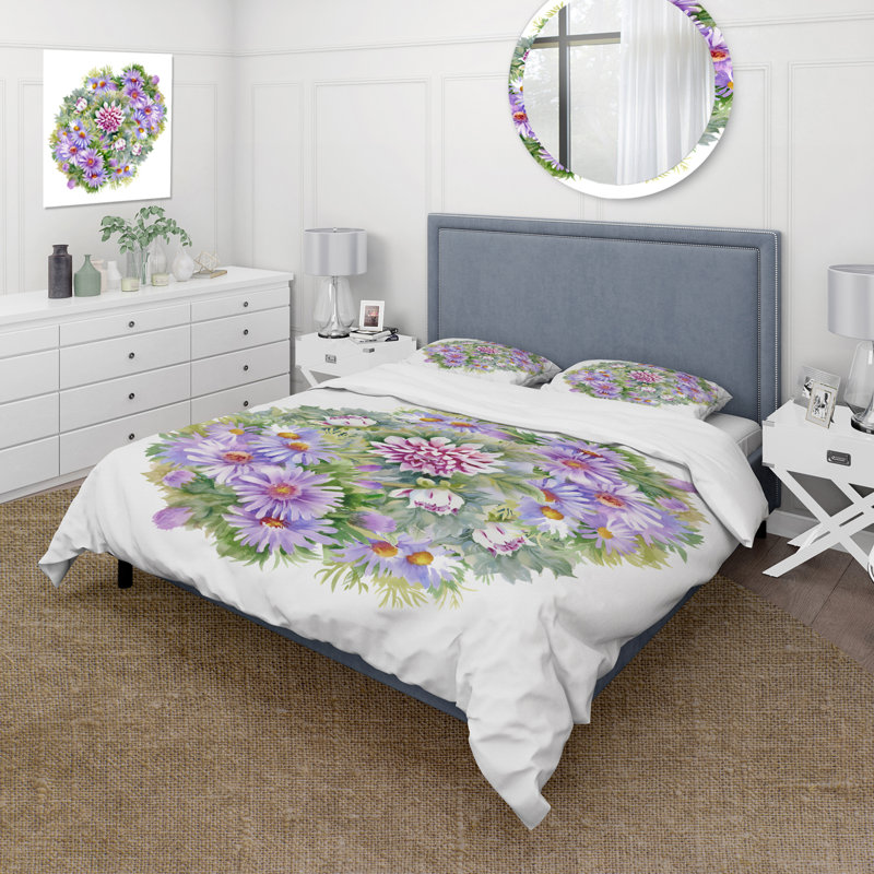 Bouquet de chrysanthèmes et de marguerites mauves - Ensemble de housse de couette traditionnel - Microfibre de polyester