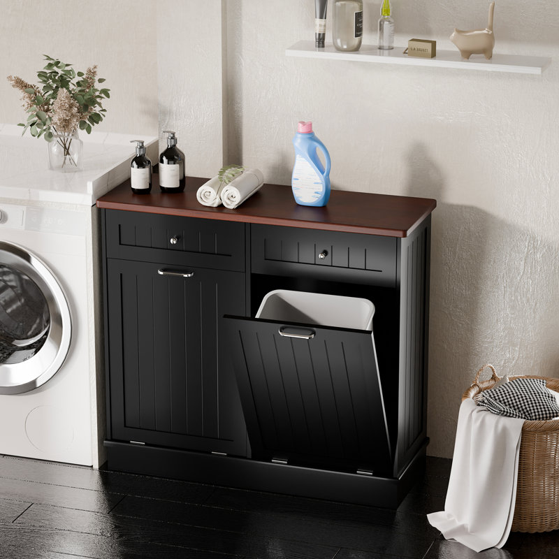 Black Double Tilt Out Trash Cabinet with Countertop and Drawer