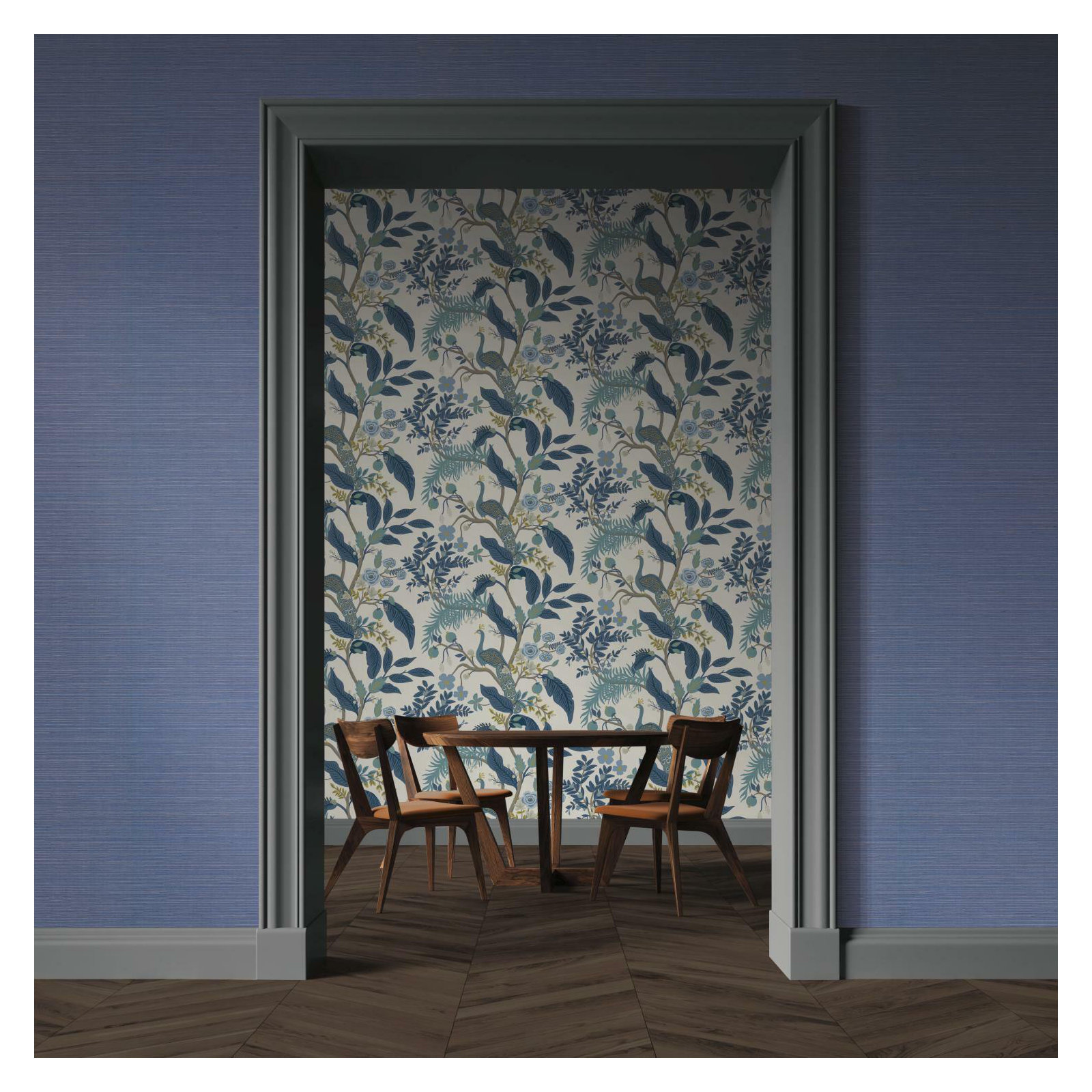 Rifle Paper Co. Peacock 27' x 27" Wallpaper Roll, Blue/White