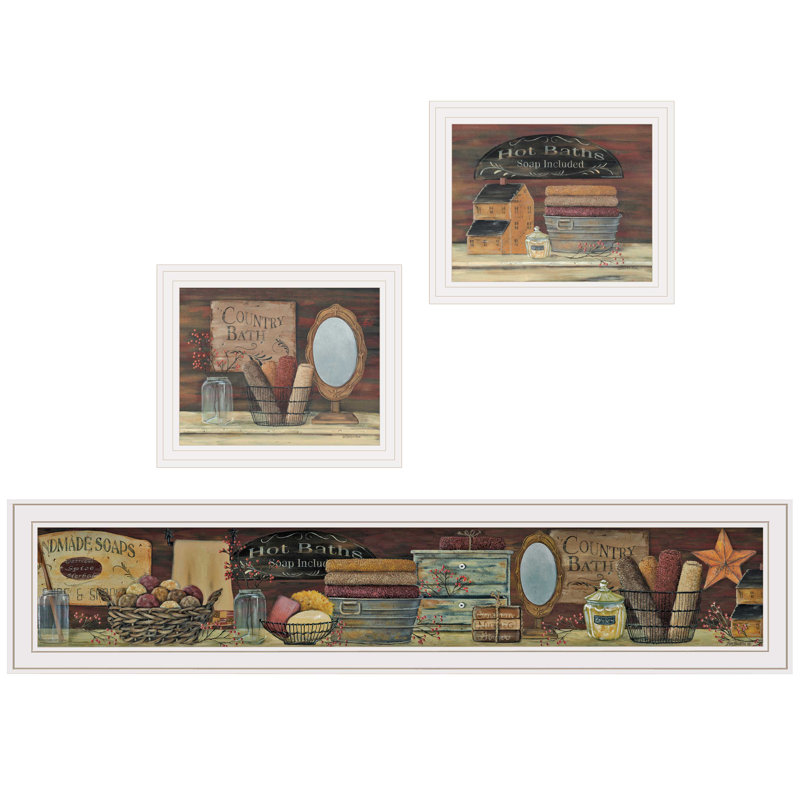 Décoration murale encadrée 3 pièces Country Bath II par Pam Britton, Cadre blanc, H 14 po x l 39 po x P 1 po