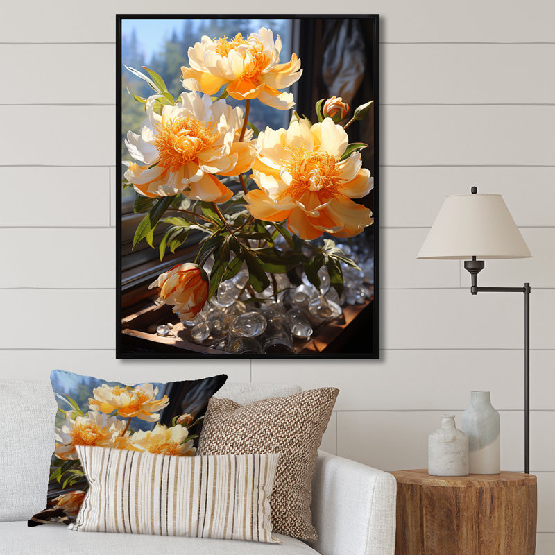 Art floral jaune pivoines jaunes, Cadre flottant noir, H 44 po x l 34 po x P 1,5 po