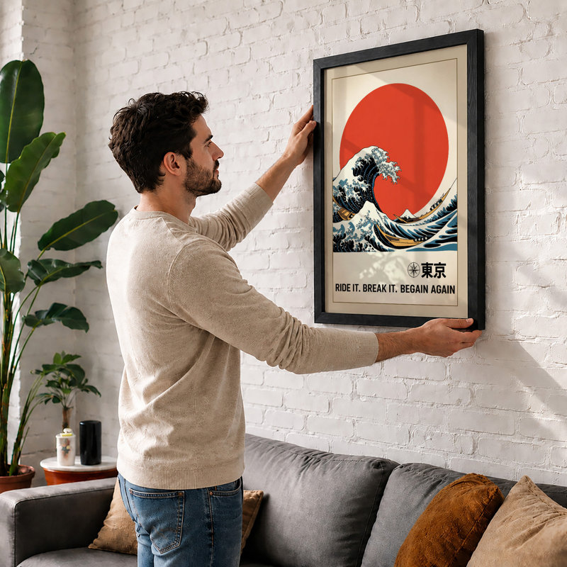 Tokyo Wave Rising Japandi - Framed Print, A3 - 42.0 x 29.7 cm, White