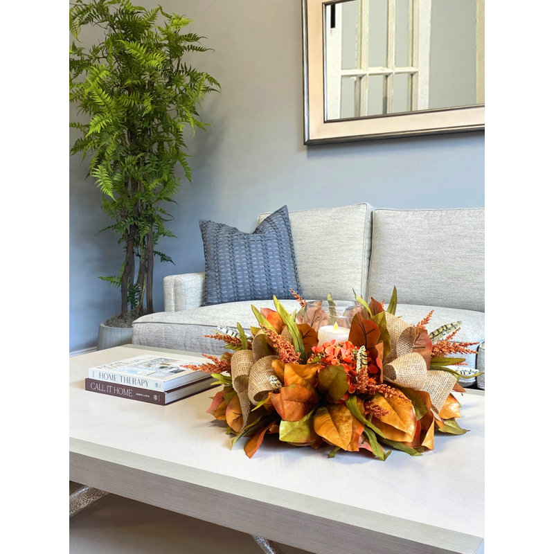 Fall Candleholder Centerpiece with Hydrangeas, Wheat and Pinecones