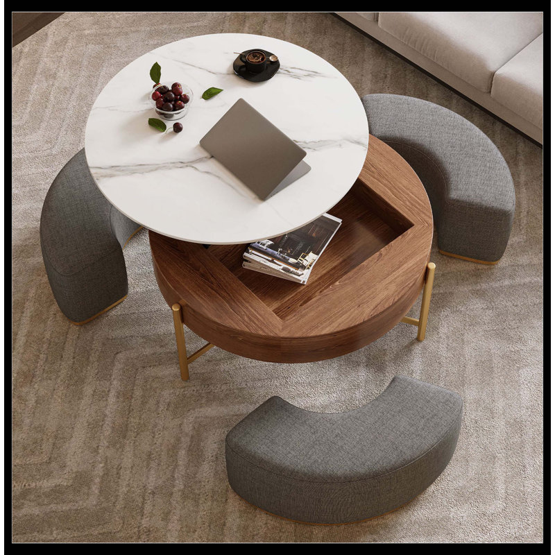 Modern Lift-Top Round Coffee Table With Hidden Storage, Walnut Veneer & Sintered Stone Top,3 Upholstered Nesting Ottomans, Space-Saving Design, Fully Assembly