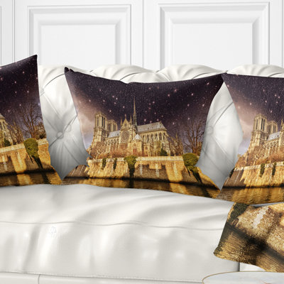 Cityscape Photo Notre Dame Cathedral at Night Pillow