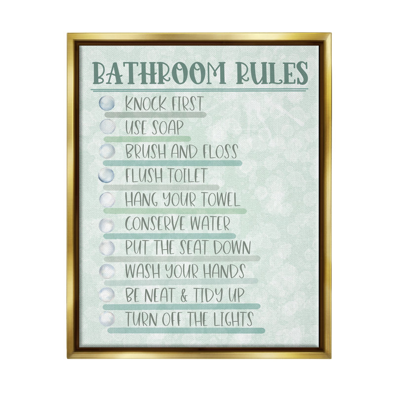 «Bathroom Rules on Green», Cadre flottant métallique doré, H 31 po x l 25 po x P 1,7 po