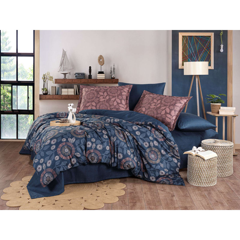 Ensemble de housse de courtepointe exclusive en satin 100% coton, bleu foncé et brun | Housse de couette 78,7 po x 86,6 po, drap plat 94,5 po x 102,4 po, comprend 2 taies d'oreiller 27,6 po x 27,6 po et 2 taies d'oreiller Oxford 19,7 po x 27,6 po | 300 f