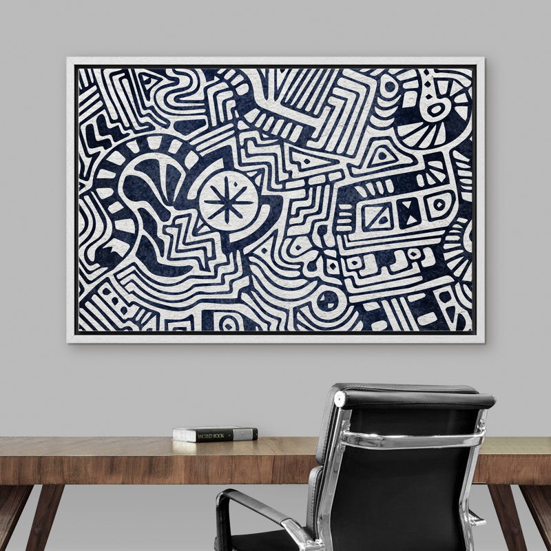 «Geometric Line Tribal Inspired Abstract Geometric Shapes - Floater Frame», impression sur toile, Cadre blanc