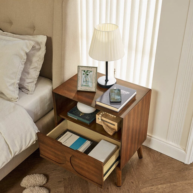 Mid-Century Modern Fluted Nightstand with Charging Station – 2-Outlet & 2-USB Bedside Table with Drawer & Open Shelf, Solid Wood Legs, Walnut Finish