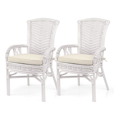 Set Of 2 Delberta Dining Armchairs Natural Rattan Wicker Handmade Design With Cushion, White Color