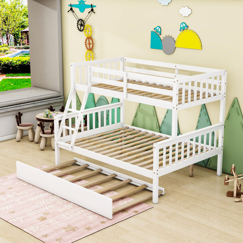Twin Over Full Wood Bunk Bed With Twin Trundle, Built-In Ladder And Guardrail, White