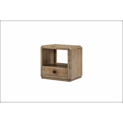 Table d'appoint rustique en placage de chêne noueux, au grain naturel, idéale pour la décoration et le rangement du salon.