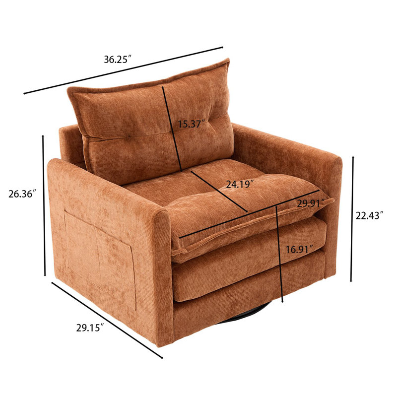 Fauteuil d'appoint pivotant à 360 ° avec poche latérale et base en métal robuste, Brun