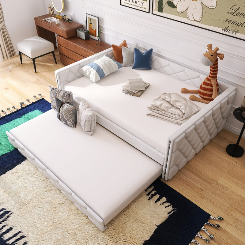 Lit de jour rembourré avec couchette en bois et taille XL, Blanc