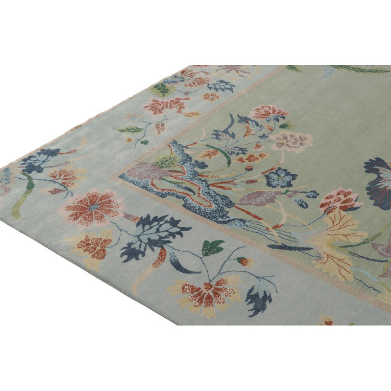 Rug & Kilim’S Chinese Deco Rug In Green With Blue Border & Floral Patterns, Rectangle 14' x 20'