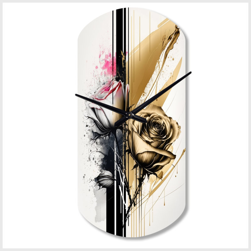 «Roses Flow Flower» sur peinture beige doré V - horloge asymétrique moderne en métal, impression d'horloge murale cylindrique