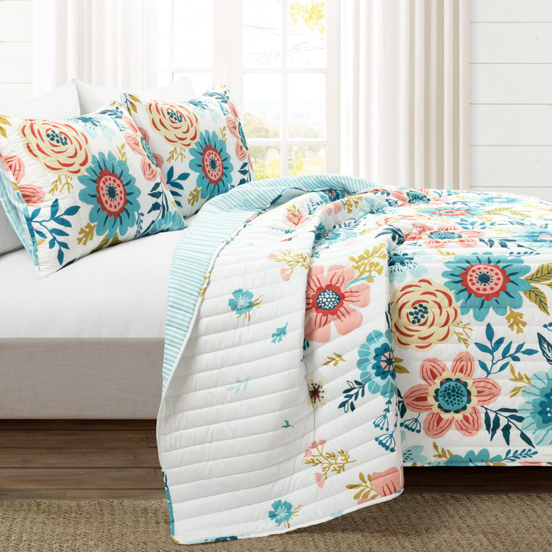 Ensemble de courtepointe réversible en microfibre bleue 3 pièces, Courtepointe pour grand lit + 2 taies décoratives