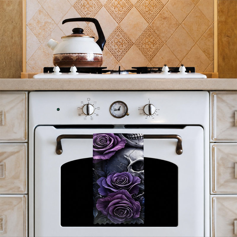  Serviette de cuisine en microfibre d'Halloween, linges à vaisselle réutilisables absorbants, décoratifs résistants à la décoloration, 16 po x 24 po, imprimé tête de mort noir mauve