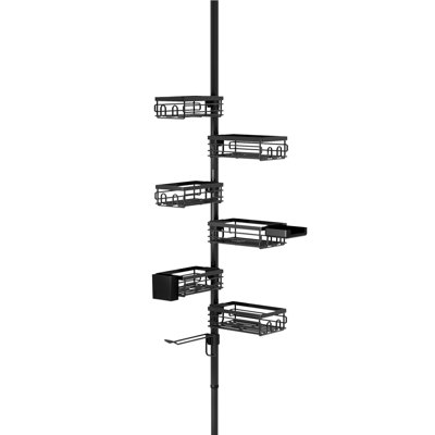Étagère de douche d'angle à barre de tension, hauteur réglable jusqu'à 277 cm, 6 niveaux, sans perçage, espacement des étagères personnalisable grâce à des crochets et base antidérapante, noir mat