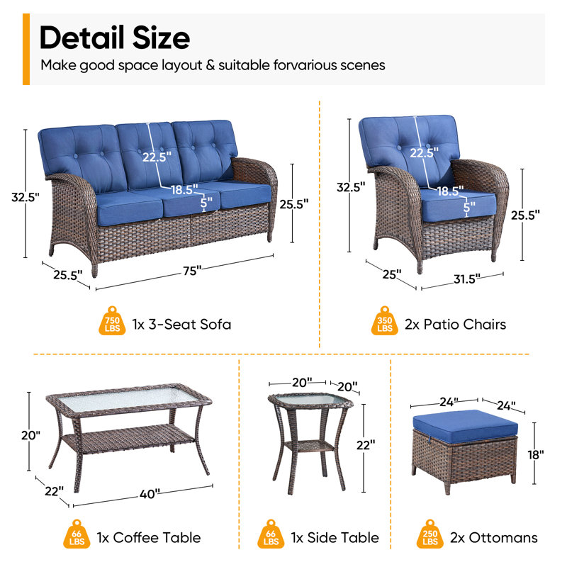 Fiorillo 7-Piece Outdoor Wicker Patio Conversation Set With Cushions/2 Lounge Chairs And Coffee Table, Blue