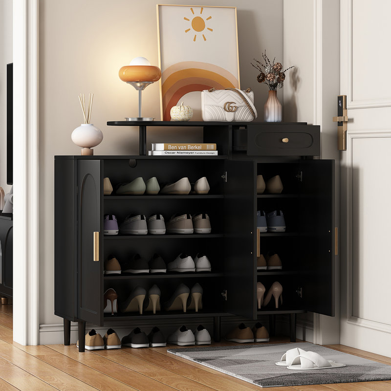Armoire à chaussures tendance avec portes arquées et tiroir, Noir