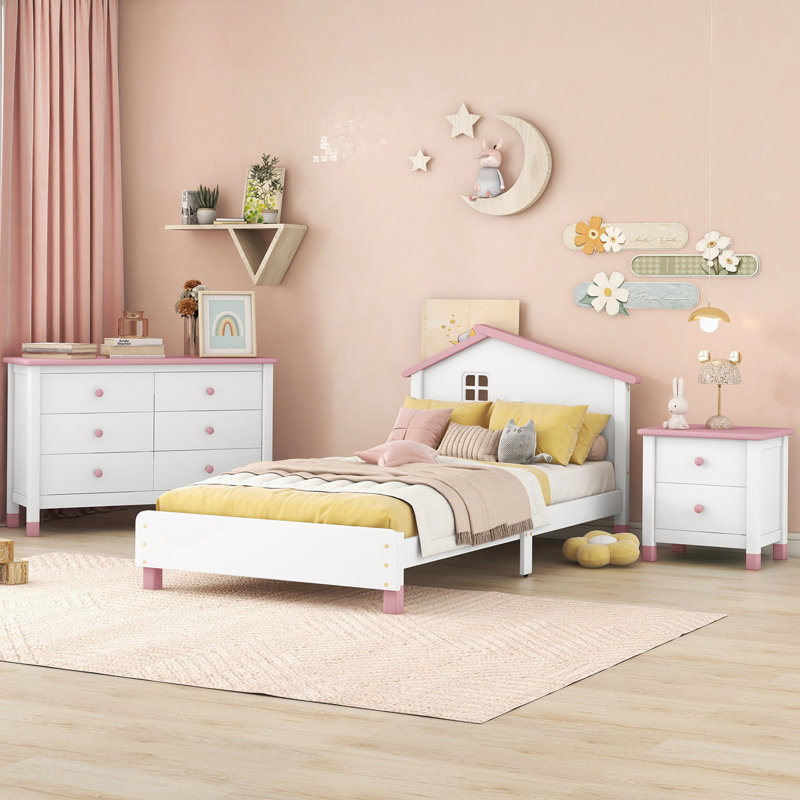 Ensemble de chambre à coucher 3 pièces avec table de chevet et commode Halaya, Simple, Blanc/rose