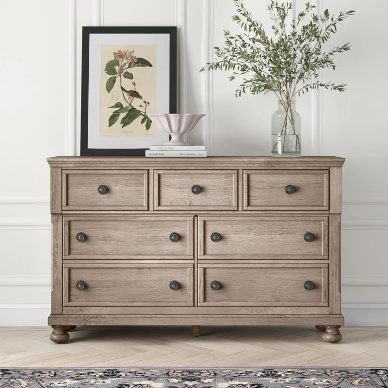 Alek 64.75" W Transitional 7-Drawer Solid Wood Dresser with Hidden Felt-Lined Jewelry Drawer, Wire Brushed Gray
