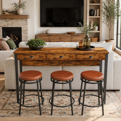 3-Drawer Long Dining Table Set with Power Outlets, Bar Kitchen Table Set with Circular PU Stools, Easy Assemble,Brown
