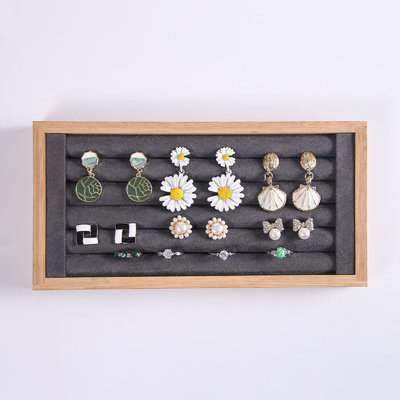Bamboo Ring Earrings Display Holder Jewelry Storage Tray Organizer (Gray)