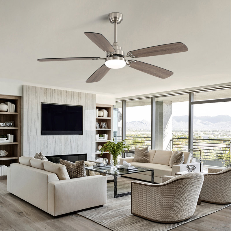 Modern 52 Inch Ceiling Fan with Remote Control and Reversible DC Motor, Nickel, Dark Brown Wood