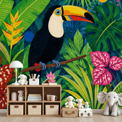 Papier peint adhésif auto-adhésif mural pour mur à motif de feuilles tropicales de jungle tropicale H 69 po x l 96 po Toucan