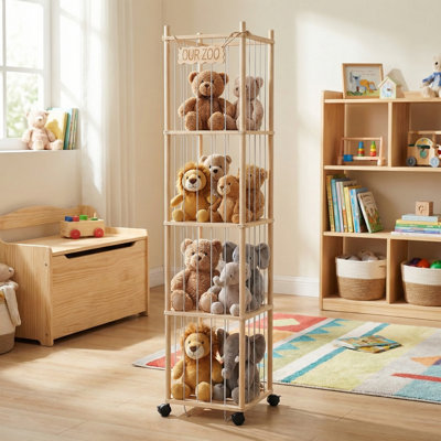 Stuffed Animal Storage Organizer, Wooden Plush Toy Holder with Elastic Rope, Large Capacity Kids Toy Storage for Nursery Playroom Bedroom