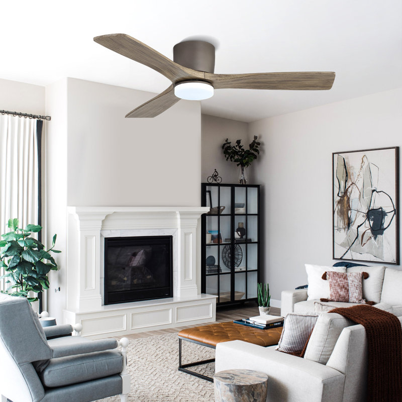 48'' Flush Mount Ceiling Fan 3 Carved Solid Wood Blades 6-Speed Noiseless Reversible DC Motor Indoor With Dimmable Light Kit And Remote, Charcoal Gray