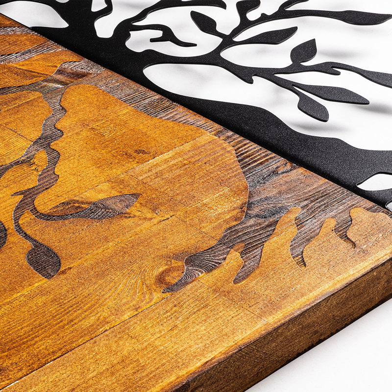 Decorative Wooden Wall Accessory, 22.8 x 22.8 inches | 50% Real Wood (Walnut) & 50% Metal (Black), Thickness: 1.2 inches | Unique Design for Home Décor, Easy Wall Hanging, Natural Variance in Colour & Texture