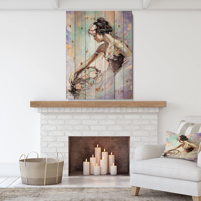«Girl with Flower Bouquet», peinture, H 46 po x l 36 po x P 1,5 po, Bois