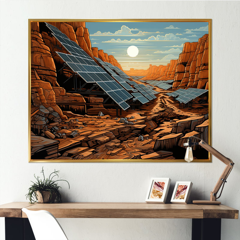 Orange Desert Solar Panels Field - Panneaux solaires, art mural, H 16 po x l 32 po x P 1 po, Cadre flottant doré