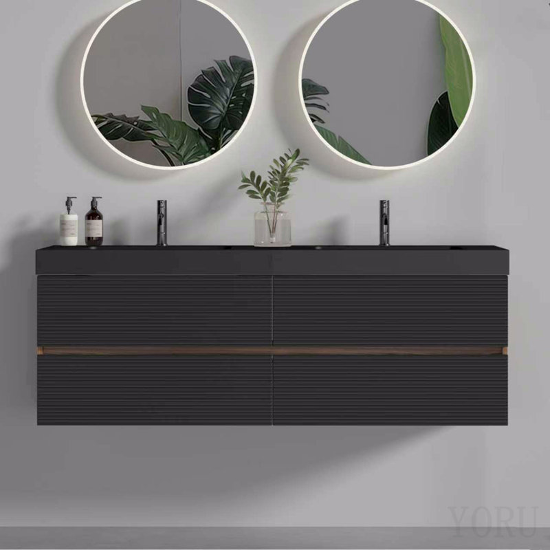 Meuble-lavabo suspendu en noyer de 152 cm (60 po) avec lavabo en surface solide noir mat et tiroirs noirs doux, sans bonde ni robinetterie, préassemblé.