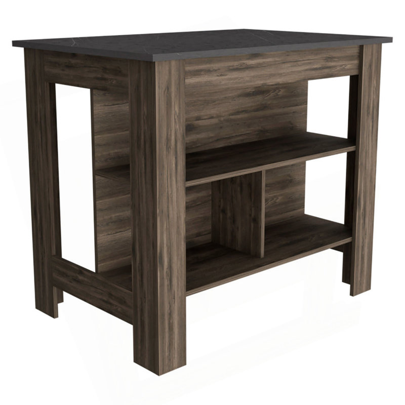 Kitchen Island, Kitchen Table 35" H, Four Legs, Three Open Storage Shelves, Brown
