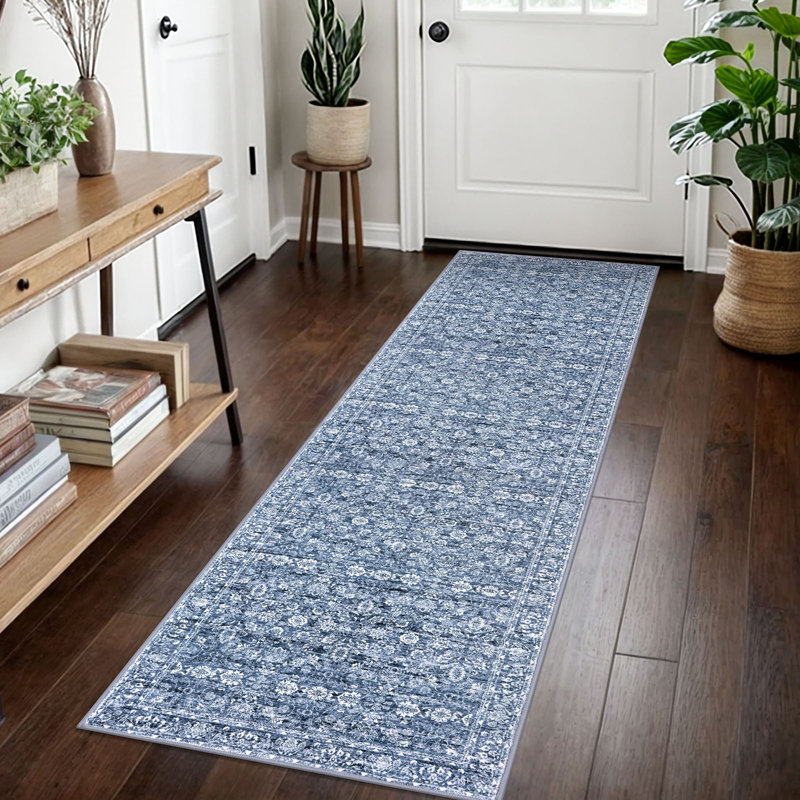 Tapis bleu lavable pour tapis de chambre à coucher avec envers en caoutchouc, Tapis de couloir 2 pi x 7 pi