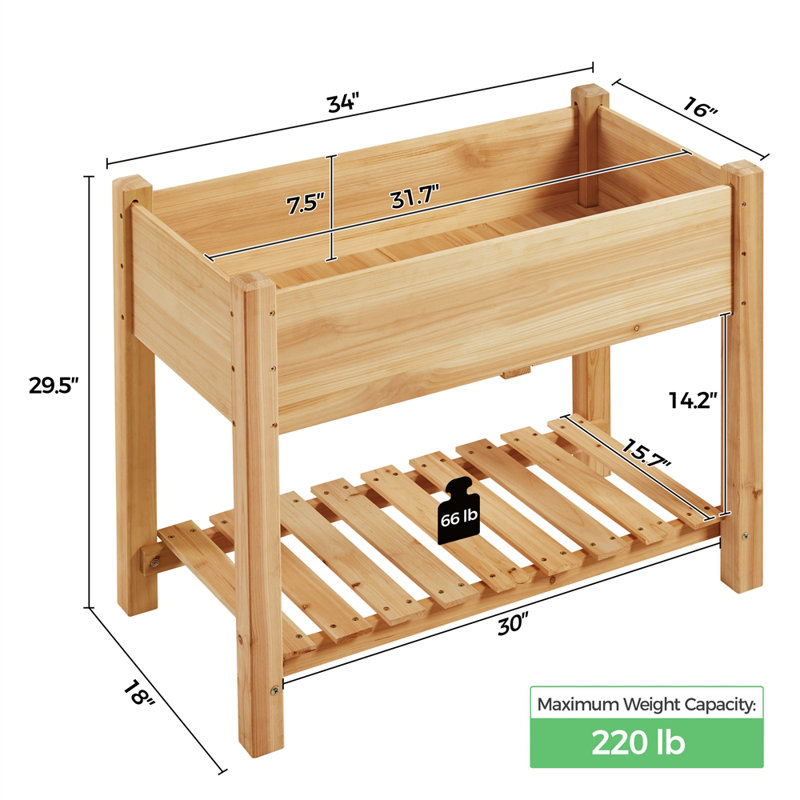 Colyt Fir Wood 2-Tier Raised Garden Bed with Drainage Holes, Light Brown, 29.5" H x 34" W x 18" D