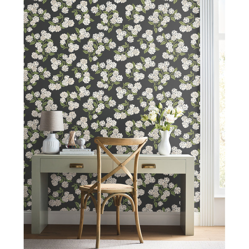 Hydrangea White Peel and Stick Wallpaper, Black
