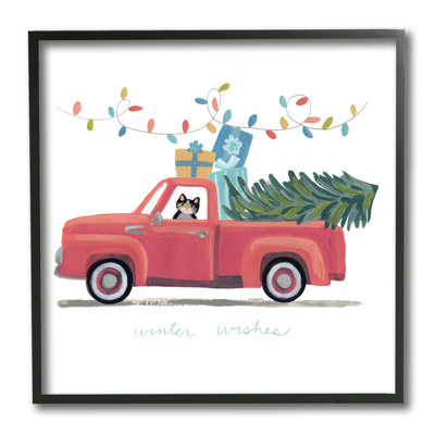 Chat, Noël, camion rouge, hiver, souhaits