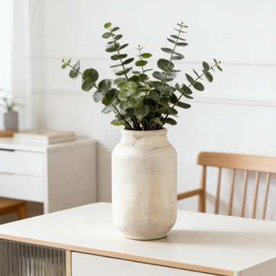 Large Farmhouse Vase, Handcrafted Ceramic Decorative Vase With Rustic Whitewashed Finish, Versatile Home Decor For Table, Shelf, Mantel Or Living Room