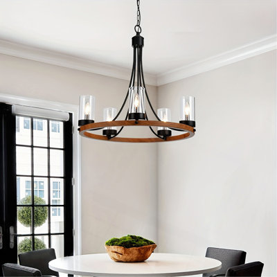 Lustre en roue de chariot à 5 lumières, plafonnier rustique de style campagnard, luminaire suspendu rond en bois pour îlot de cuisine, base E12, verre transparent, pour salle à manger, salon, bois