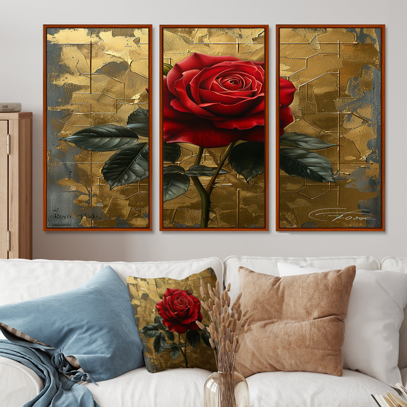 Ensemble de salon art mural rétro rose rouge I, Cadre flottant brun, H 32 po x l 48 po x P 1 po