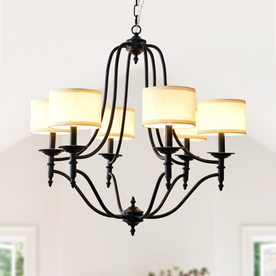 30" 6-Light Black Chandelier with Fabric Shades, Farmhouse Pendant Light with Adjustable Chain for Living Room, Kitchen Island, Dining Room
