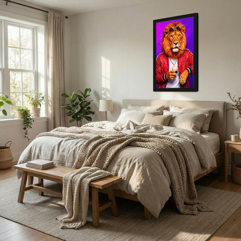 Animaux, lion portant des lunettes de soleil et une veste rouge tenant une boisson, H 18 po x l 12 po